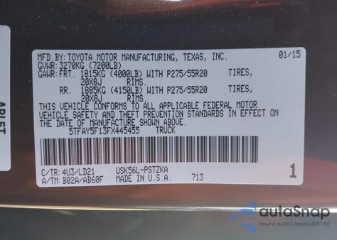 2015 Toyota Tundra 1794 5.7L V8 из США, поврежденный, VIN 5TFAY5F13FX445455